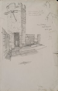 رسم تخطيطي لبرج الجرس في الكلية الجديدة ، يُظهر تفاصيل السقف المرصود ، 1908 قلم رصاص على ورق