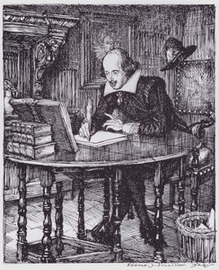 Shakespeare in his study (litho)