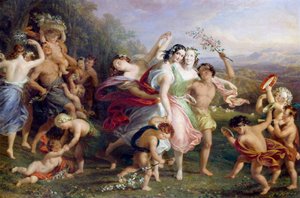 "Matinee de maie" رقصات وجولات لأشكال الغابات، وأطفال مكللين بالزهور. لوحة رسمها إدموند توماس باريس (1793-1873) 1859