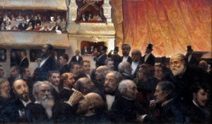 Intermission ، العرض الأول في الكوميديا الفرنسية بين المتفرجين: في حوض الاستحمام ، Henri Rochefort و Leon Gambetta ، في غرفة الملابس ذات المشهد الطليعي في الأعلى ، Jules Ferry ، d'en bas ، Ferdinand de Lesseps. في الأرضية ، من اليسار إلى اليمين ومن الأ بواسطة إدوارد جوزيف دانتان