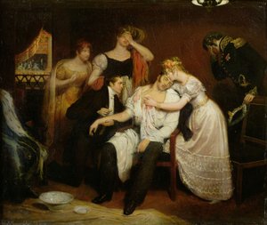 تشارلز فرديناند دو فرانس (1778-1820) في صندوقه في الأوبرا في شارع ريشيليو بعد أن طعنه لويس لوفيل بواسطة إدوارد (1799-1877) سيبوت