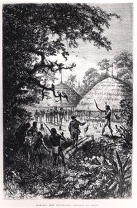 رئيس Yagouman Rougouyenne صيد الشيطان ، رسم توضيحي من 'Voyages dans l'Amerique du Sud' بقلم J. Crevaux ، نُشر عام 1883 (نقش) (صورة بالأبيض والأسود) بواسطة إدوارد (بعد) ريو
