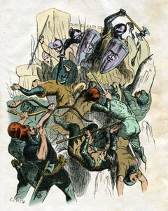 رسم توضيحي لإدوارد فرير (1797-1874) وثيودور ليكس (1830-1897) لكتاب "" إيفانهو "" للكاتب الاسكتلندي والتر سكوت (1771-1832): مشهد معركة، حصار القلعة