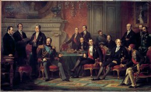 اجتمع مؤتمر باريس في الفترة من 25 فبراير إلى 30 مارس 1856 في نهاية حرب القرم ، من قبل نابليون الثالث مع وزراء خارجية الدول الأوروبية. لوحة لإدوارد لويس دوبوف (1820-1883). 1856 الأحد. 3،08 x 5،10 م بواسطة إدوارد لويس دوبوف