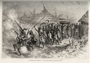 جنازة في Siene-re (Siene Re) ، في Fourou (مالي) ، يعبر الموكب الجنائزي القرية ، بقيادة رجال مسلحين من عائلة المتوفى ، وتتبع النساء اللائي يرتدين ذيول الأبقار وجسد المتوفى ، المقيدين في حصيرة. نقش ريو للتوضيح بواسطة إدوارد ريو