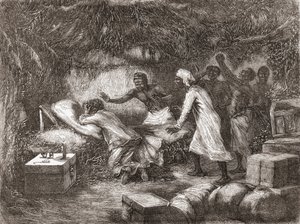 وفاة الدكتور ليفنجستون في قرية تشيتامبو بإفريقيا عام 1873 ، رسم توضيحي من "العالم بين يدي" ، نُشر عام 1878 بواسطة إدوارد ريو