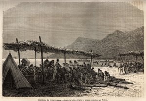 توزيع المواد الغذائية في كيوهو ، بعد الزلزال والثوران البركاني عام 1868 ، لضحايا الكارثة ، نقش بعد رسم إي ريو ، يوضح الرحلة إلى جزر ساندويتش ، في 1855-1869 ، بواسطة C. de Varigny ، نشرت في "" Le بواسطة إدوارد ريو