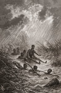 حمل الدكتور ديفيد ليفينغستون من خلال مستنقع من الحمالين خلال بعثته إلى أفريقيا عام 1872 ، صورة توضيحية من "العالم في الأيادي" ، نقشها تشارلز لابلانت بواسطة إدوارد ريو