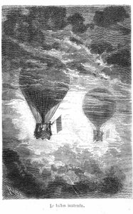 رسم لكتاب Jules Verne من مجموعة Hetzel / Extraordinary Travels "خمسة أسابيع في بالون". يلتقي بالون فيكتوريا ببالون آخر في السحب بواسطة إدوارد ريو