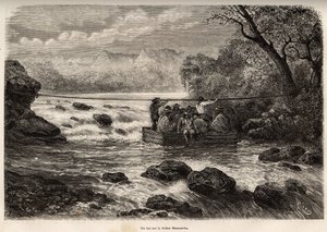 La traversee par le bac de la Riviere Mesacancha (باس بيرو) ، نقش بقلم إي ريو يوضح الرحلة في الجبال ووادي هوارانكالكوي ومناطق بيونال ، من 1862 إلى 1863 ، بقلم بول ماركوي ، نُشر في "" Le Tour du monde ”” 1875 بواسطة إدوارد ريو