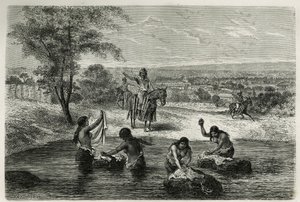 Les porters d'eau et les lavandieres de Cartago (كولومبيا) ، نقش ريو ، لتوضيح قصة America Equinoxiale بواسطة E.Andre ، مهمة مهمة من قبل الحكومة الفرنسية ، نُشرت في جولة العالم ، تحت إشراف Edouard شارتون بواسطة إدوارد ريو