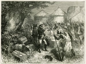 يدافع الملازم فاليير عن نفسه ضد سكان سيبي (أو سيبي) ، وهي قرية ماندينغو في أعالي النيجر (مالي حاليًا) ، والتي انزعج سكانها بشدة من وصول مفرزة الاستكشاف. نقش Riou ، بناءً على رسم تخطيطي لـ بواسطة إدوارد ريو