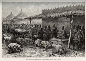 استقبال في نابا سانم ، من مملكة موسي (أو موسى) واغادوغو (واغادوغو ، بوركينا فاسو). نقش ريو ، لتوضيح قصة "" من النيجر إلى خليج غينيا "" للكابتن لويس غوستاف بينغر (1856-1936) ، في 1887-1889 ، في لي تو بواسطة إدوارد ريو