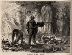 ترميم تماثيل القديسين في ساراياكو (بيرو) ، رسمها ريو ، لتوضيح رحلة بول ماركوي من المحيط الهادئ إلى المحيط الأطلسي من 1848 إلى 1860. نقش في "" Le tour du monde "، تحرير إدوارد شارتون بواسطة إدوارد ريو