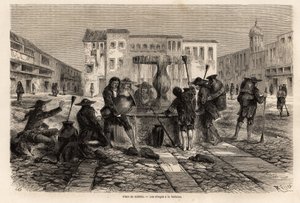 البونغوس ، الهنود الذين تعرضوا للعبودية ، عند النافورة ، في ساحة الكابيلدو ، في كوزكو ، رسمهم ريو ، لتوضيح الرحلة عبر أمريكا الجنوبية ، من 1848 إلى 1860 من قبل بول ماركوي. نقش في "" Le Tour du monde "، تحرير إدوارد سي بواسطة إدوارد ريو