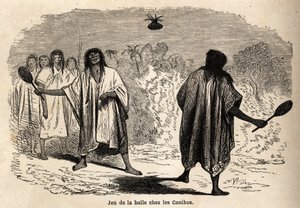 لعبة الكرة ، بين الكونيبو الهندي في بيرو ، رسمها ريو لتوضيح رحلة بي ماركوي ، من 1848 إلى 1860 ، من المحيط الهادئ إلى المحيط الأطلسي. نقش في "" Le Tour du monde "، تحرير إدوارد شارتون بواسطة إدوارد ريو