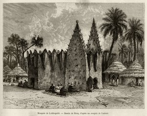مسجد Lokhognile (خليج Guinee). نقش ريو ، لتوضيح قصة "" من النيجر إلى خليج غينيا "" للكابتن لويس جوستاف بينجر (1856-1936) ، في 1887-1889 ، في Le Tour du monde ، nouveau journal des voyages ، تحت إشراف بواسطة إدوارد ريو