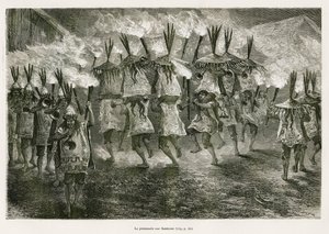 تسير الشعلة في شوارع سان خوسيه ، رسمها إي ريو ، لتوضيح الرحلة في منطقة تيتيكاكا والوديان في شرق بيرو السفلى ، في عام 1873 بواسطة بول ماركوي. نقش في Le Tour du monde بواسطة إدوارد ريو