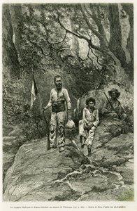 المسافر ينشر علم الالوان الثلاثة على مصادر Orenoque. نقش ريو ، لتوضيح قصة Voyage aux sources de l'Orenoque ، في 1886-1887 ، بواسطة جان شافانجون ، تم تكليفه من قبل خبير التعليم العام ، في جولة العالم 1 بواسطة إدوارد ريو