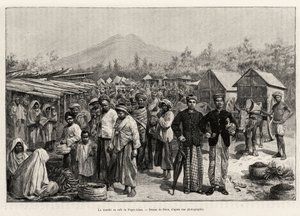 السير في مقهى بيجر علم (ماليزيا). نقش ريو لتوضيح قصة "عام في ماليزيا" ، بقلم جول كلاين (1856-1939) بواسطة إدوارد ريو