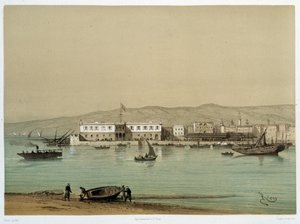 منظر للقناة في "" افتتاح قناة السويس بواسطة ج. نيكول. 1869 بواسطة إدوارد ريو