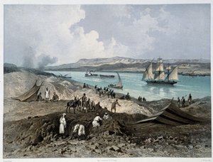 منظر للقناة في "" افتتاح قناة السويس بواسطة ج. نيكول. 1869 بواسطة إدوارد ريو