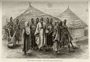 نساء ساموري توري (حوالي 1835-1898) قائدة حرب حلقة النيجر ومشرفتهن ، سونينكي ، الذي يعرف القراءة والكتابة باللغة العربية ، كما يتضح من الورقة التي يحملها في يده. نقش ريو لتوضيح قصة "" من النيجر إلى الخليج بواسطة إدوارد ريو