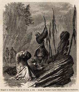 المغول المخلصين لأوبو ، بالقرب من جبال باكا ومنغوليا ، رسمهم فومورت (؟ -1886) لتوضيح رحلة إم. دي بوربولون ، الوزير الفرنسي إلى الصين ، من شنغهاي إلى موسكو ، من 1859 إلى 1862. نقش في "" Le Tour du monde "، تحرير