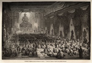 احتفال ديني في lamasserie صيني ، رسم بواسطة Vaumort (؟ -1886) ، لتوضيح رحلة M. de Bourboulon ، الوزير الفرنسي إلى الصين من شنغهاي إلى موسكو ، من 1859 إلى 1862. نقش في "" Le Tour du monde "، تحرير إدوارد شارتون