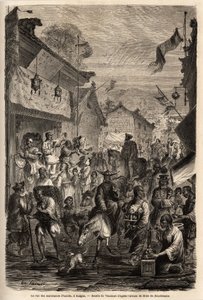 شارع تجار الملابس ، كالغان ، منغوليا. رسم من قبل فومورت (؟ -1886) ، لتوضيح رحلة إم. دي بوربولون ، الوزير الفرنسي إلى الصين ، من شنغهاي إلى موسكو ، من 1859 إلى 1862. نقش في "" Le Tour du monde "، من تحرير Edouard Chart