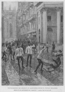 استفزاز جنود راديتزكي ضد سكان ميلانو العازمين على الامتناع عن التبغ ، 3 يناير 1848 (نقش)