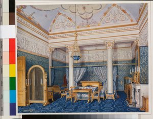 التصميمات الداخلية للقصر الشتوي (Palais d'hiver a Saint Petersbourg): حجرة نوم الإمبراطورة ألكسندرا فيودوروفنا - ألوان مائية على الورق بقلم إدوارد (إدوارد) هاو (1807-1887) بواسطة إدوارد هاو