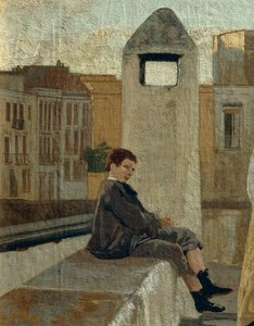 The terrace, by Edoardo Dalbono (1841-1915), oil on panel, 45x30 cm. Detail.