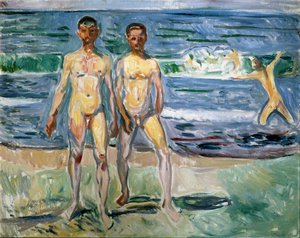 لوحة السباحون بواسطة إدوارد مونش (1863-1944) 1940-1942 صن. 149.5x120 سم فيينا ، متحف Kunsthistorisches ، معرض نو في دير ستالبرج بواسطة إدوارد مونش