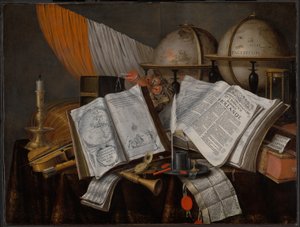 لا تزال حياة Vanitas مع العلم والشمعدان والآلات الموسيقية والكتب وأدوات الكتابة والكرات الأرضية والساعة الرملية بواسطة Edwaert Collier