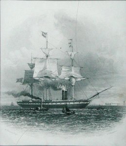 ليفربول - ميناء مغادرة "بريطانيا العظمى" في عام 1853 ، من "Cyclopaedia of Useful Arts & Manufactures" ، تم تحريره بواسطة Charles Tomlinson ، نقش بواسطة J. Bradshaw ، حوالي 1880 (نقش)