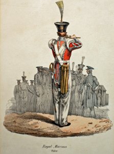 رويال مارينز فيفير ، حوالي عام 1829 (حجر ملون يدويًا) بواسطة إدوارد (بعد) هال
