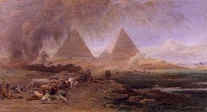قافلة اجتاحت عاصفة رملية ، مصر (ألوان مائية وغواش على ورق)