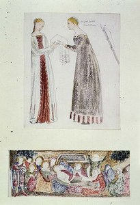 No.1084-f.10 (TtoB) خادمتان ، نسخة من ولادة ماري بقلم جيوفاني دا ميلانو من كنيسة رينوتشيني ، فلورنسا ؛ الرثاء (ألوان مائية ، قلم رصاص) بواسطة إدوارد كولي بورن جونز