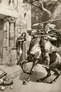 الكاهن الأعلى كويفي يمتطي جواده في حارة جودمانهام لتحطيم الأصنام، رسم توضيحي من "جزيرة الكنز الصغير" لآرثر مي، حوالي 1920 (مطبوعة حجرية)