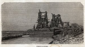 جرافات على قناة السويس رسمها جرينت لتوضيح رحلة بول ميروو إلى قناة السويس عام 1862. نقش في "" Le Tour du monde "، تحرير إدوارد شارتون بواسطة إدوارد جرينيت