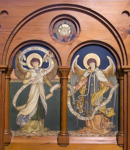 Garstang ، St Thomas ، Shrigley & Hunt (1873-1982) ، إدوارد هولمز جيويت (1849-1929) ، Angel Reredos ، c.1877