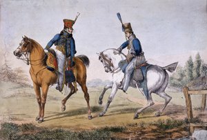 ضباط الفرسان العاشر والسابع عشر ، نشرتها مطبعة أكرمان الحجرية ، 1819 (ليثو ملون)