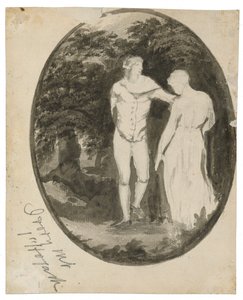 زوجان في منظر طبيعي مشجر في شكل بيضاوي (ظهر) ، ج. 1838-1848 (حبر وغسل على ورق مضغوط) بواسطة إدوارد لير