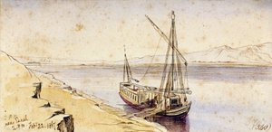 قارب مصري تقليدي يرسو على ضفة النيل، بالقرب من إسنا (مصر). رسم بالألوان المائية الملونة بواسطة إدوارد لير