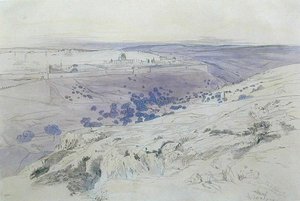 القدس ، ٢٤-٢٨ نيسان (أبريل) ١٨٥٨ (قلم حبر ، حبر وألوان مائية على ورق) بواسطة إدوارد لير