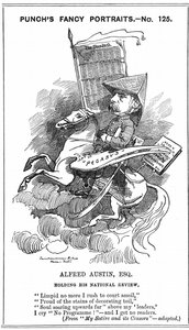 ألفريد أوستن (1835-1913) شاعر بريطاني حائز على جائزة من عام 1896. رسم كاريكاتوري لإدوارد لينلي سامبورن (1844-1910) في سلسلة بورتريتس Fancy في بانش ، لندن ، 3 مارس 1883 ، عندما أصبح أوستن محررًا لمجلة ناشيونال ريفيو. نقش. بواسطة إدوارد لينلي سامبورن