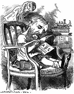 إيفلين أشلي (1836-1907) مؤلف إنجليزي وسياسي ليبرالي: ابن إيرل السابع لشافتسبري. رسم كاريكاتوري لإدوارد لينلي سامبورن في سلسلة اللوحات الفاخرة من بانش لندن في أبريل 1881 عندما كانت آشلي نائبة للسكرتير في مجلس التجارة. بواسطة إدوارد لينلي سامبورن