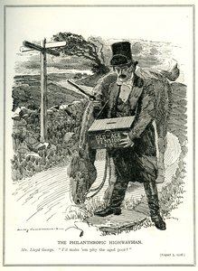 "The Highwayananropropic Highwayman" ، لويد جورج مع صندوق معاشات الشيخوخة ، رسوم متحركة من مجلة "Punch" ، 5 أغسطس 1908