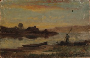 منظر طبيعي بدون عنوان ، قارب يرسو بالقرب من الضفة مع رجل يمشي ، 1896. بواسطة إدوارد ميتشل بانيستر